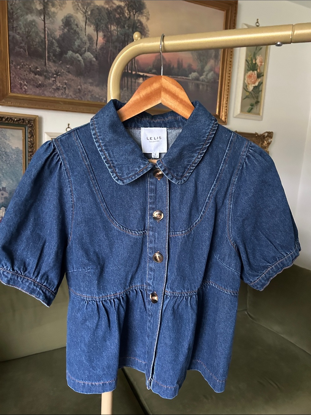 Le Lis Dark Blue Denim Button-Front Blouse with Peter Collar